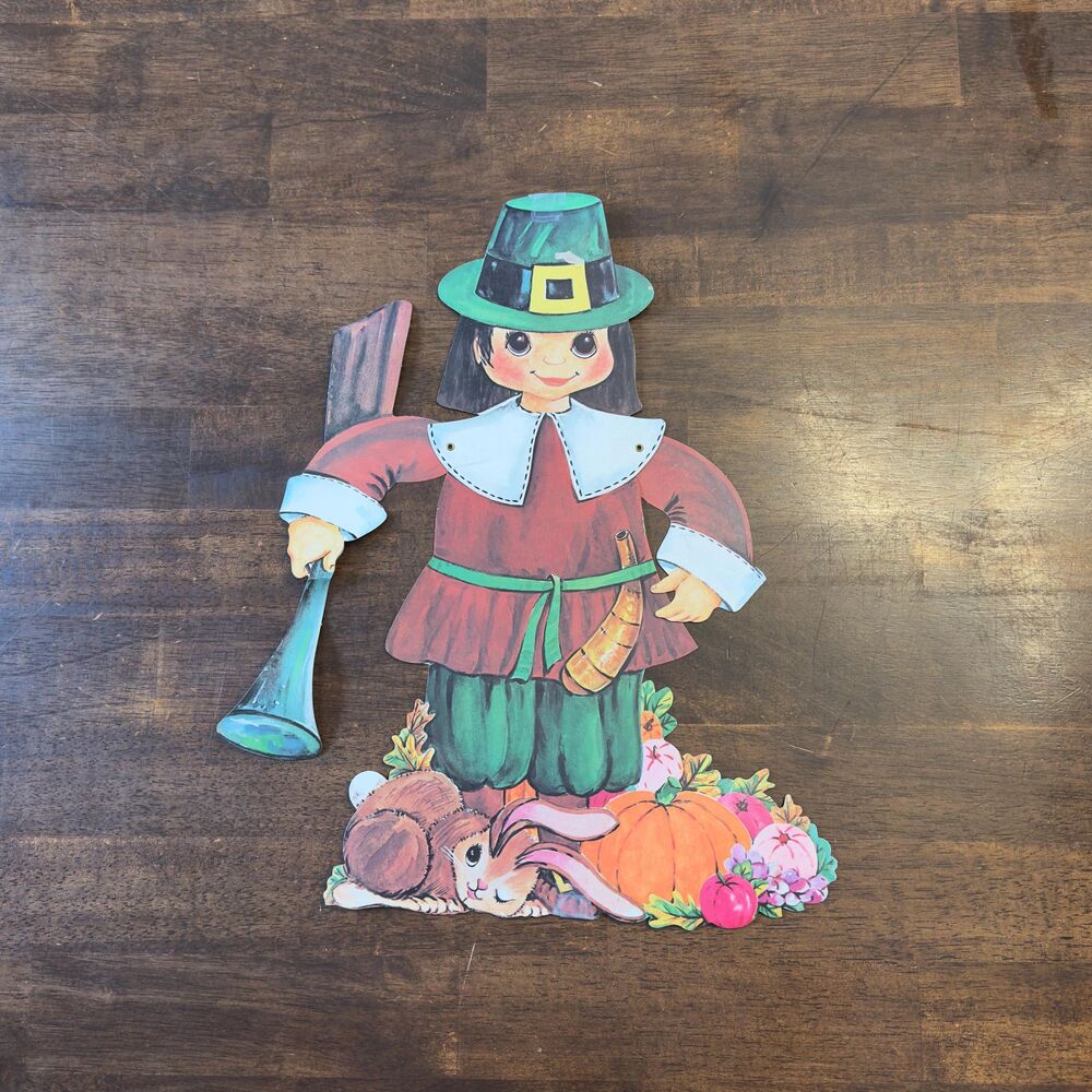 Vintage 1972 Eureka Big Eye Jointed Pilgrim Girl Thanksgiving Die Cut Wall Decor
